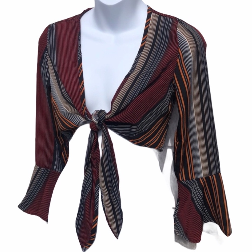 Vintage Tie-Front Trumpet Sleeve Blouse